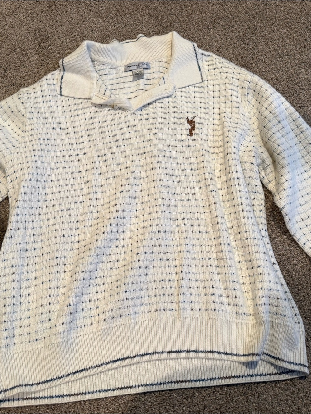 Cream V-Neck Polo Sweater with Subtle Blue Grid
